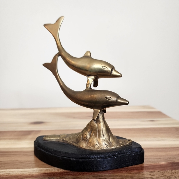 Vintage Brass Dolphins Figurine Statue Mid Century Decor - Picture 2 of 11